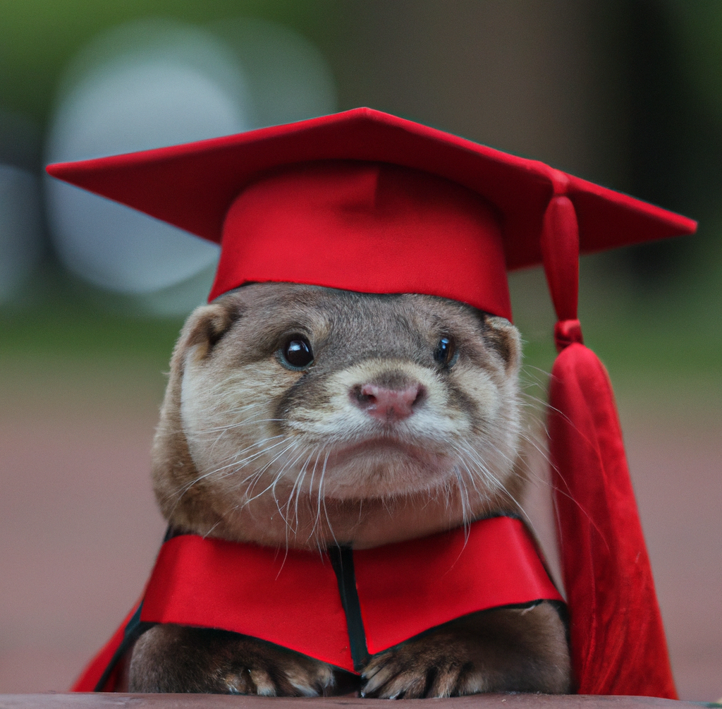 Otter in red graduation and gown created by Dall-e