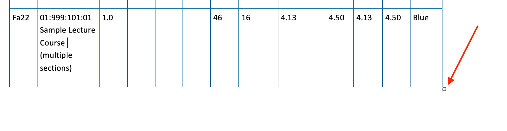 Arrow pointing to the  small square at the bottom right of a table in Microsoft Word, can be dragged to resize the table. 