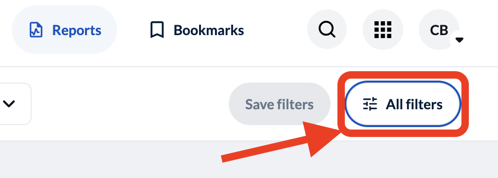 at the top right of the reports page you will find the "all filters" button