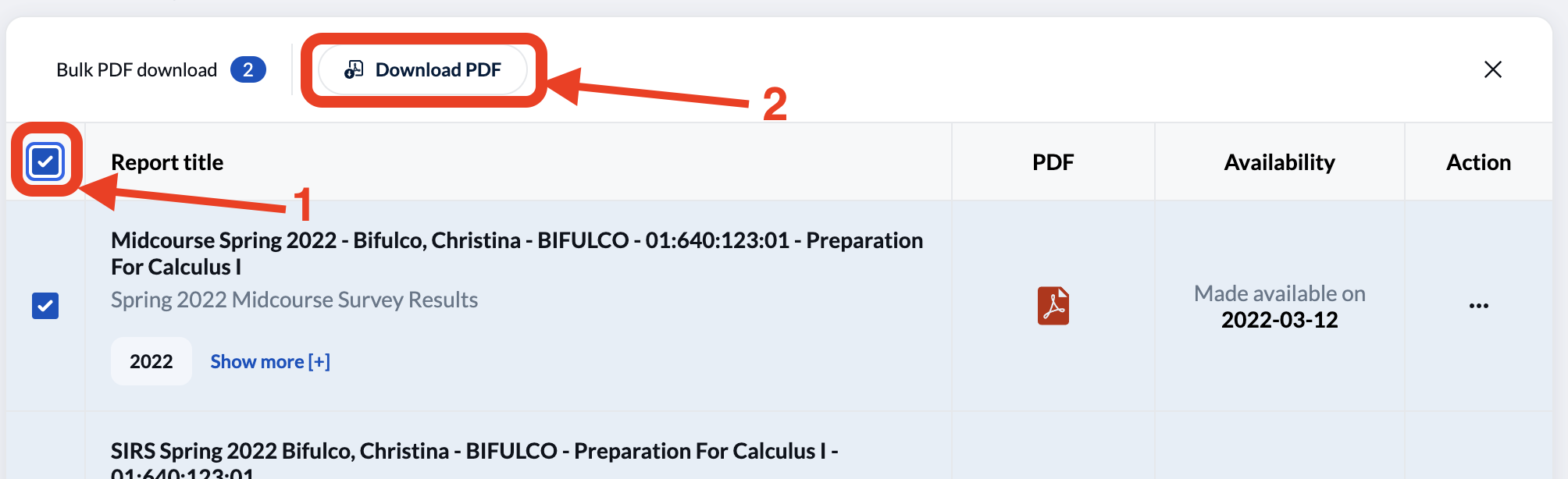 Illustration: first click the uppermost checkbox, then click the "download pdf" button above and to the right.