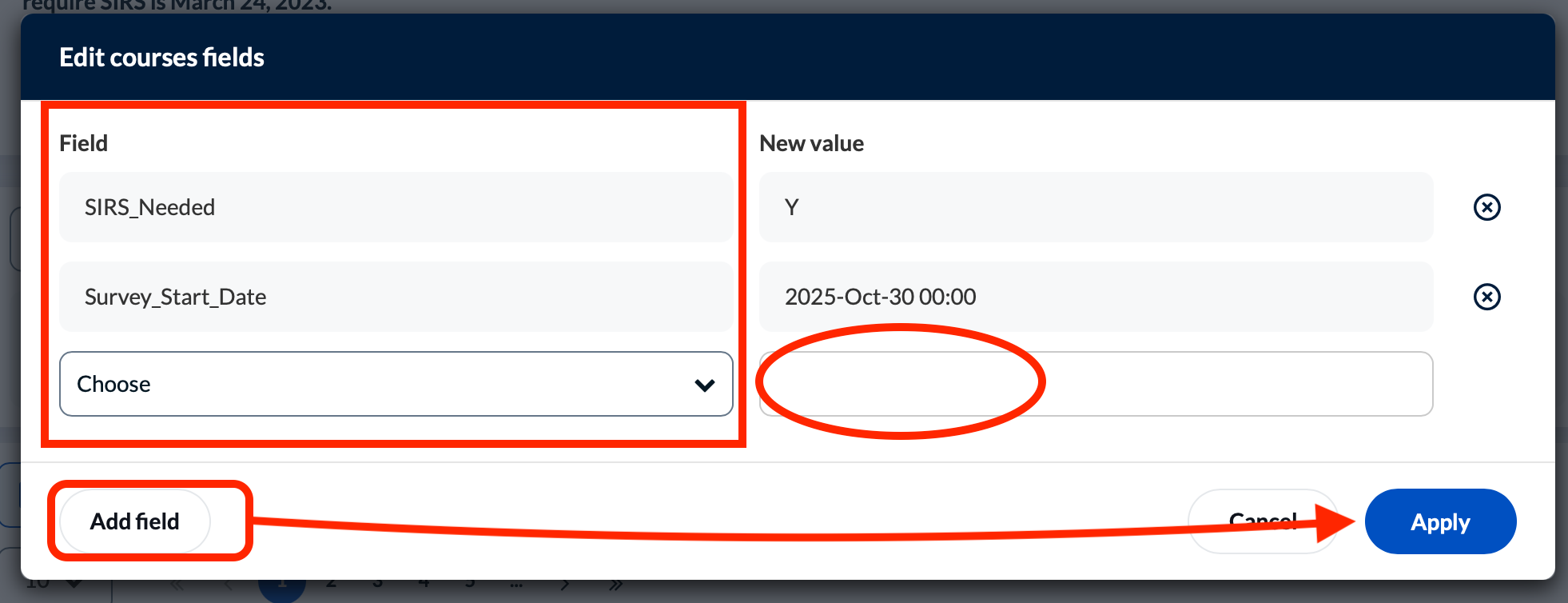 Illustration showing the location of the "fields" column and choices, where to add a value, and the "Add" and "Apply" buttons.