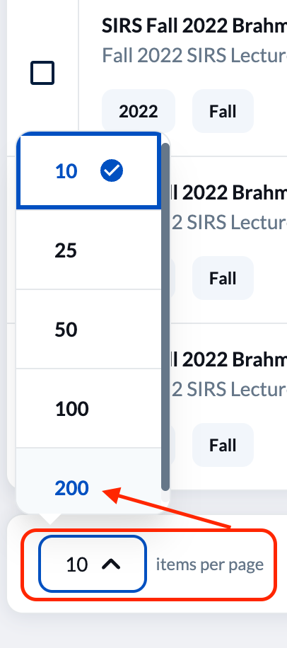 The number of reports to include in each page is set by the option at the bottom of the list.