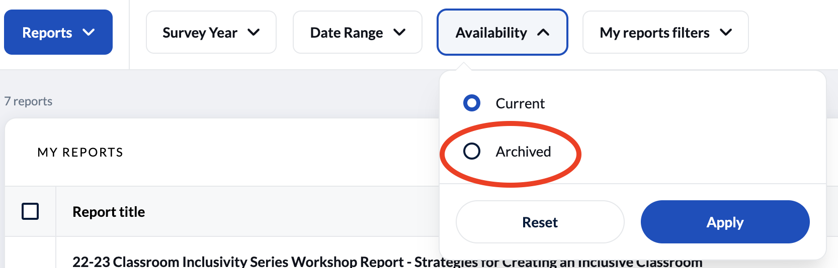The availability filter shows options for current and archived. 