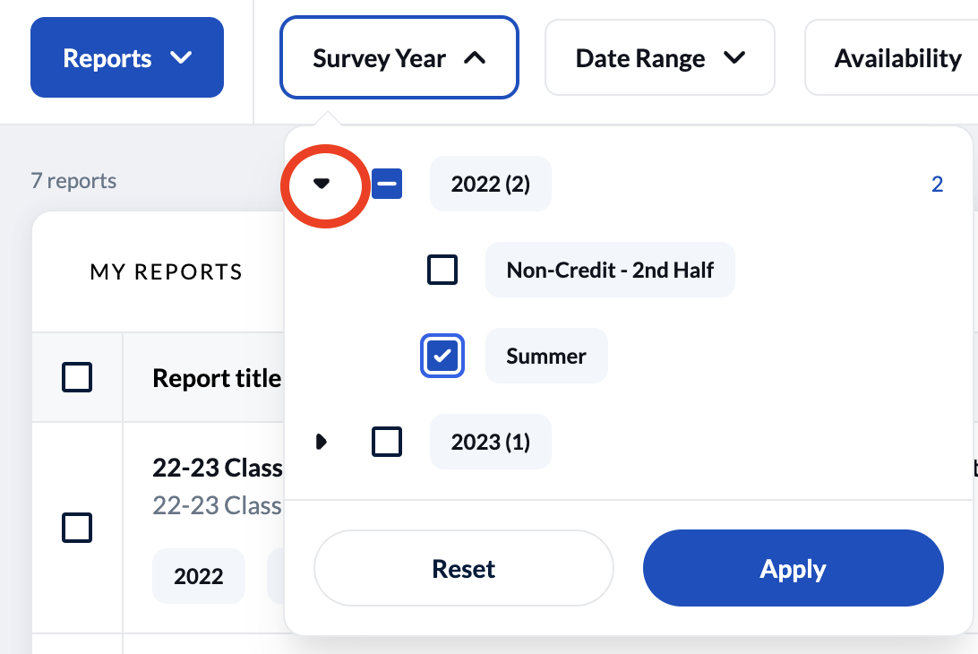 Illustration of the year filter - a small triangle is in the upper left corner, clicking it expands the options to show the semester.