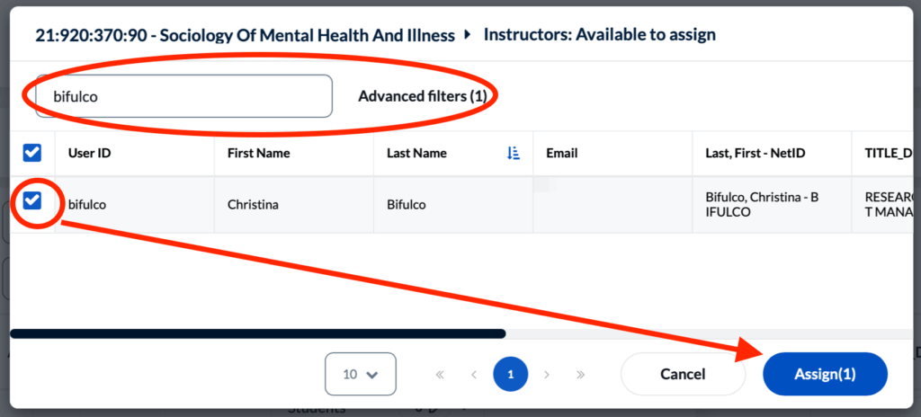 Illustration showing a successful search, selection of an instructor, and "Assign" button