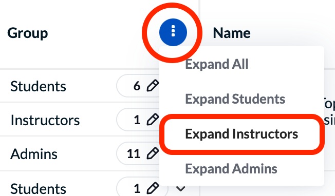 Screenshot showing the vertical dot icon in the "group" column, and the "Expand instructors" option.