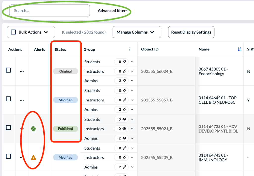 A screenshot of DIG, showing the search box at the top of the list, the alerts icons, and the status column.