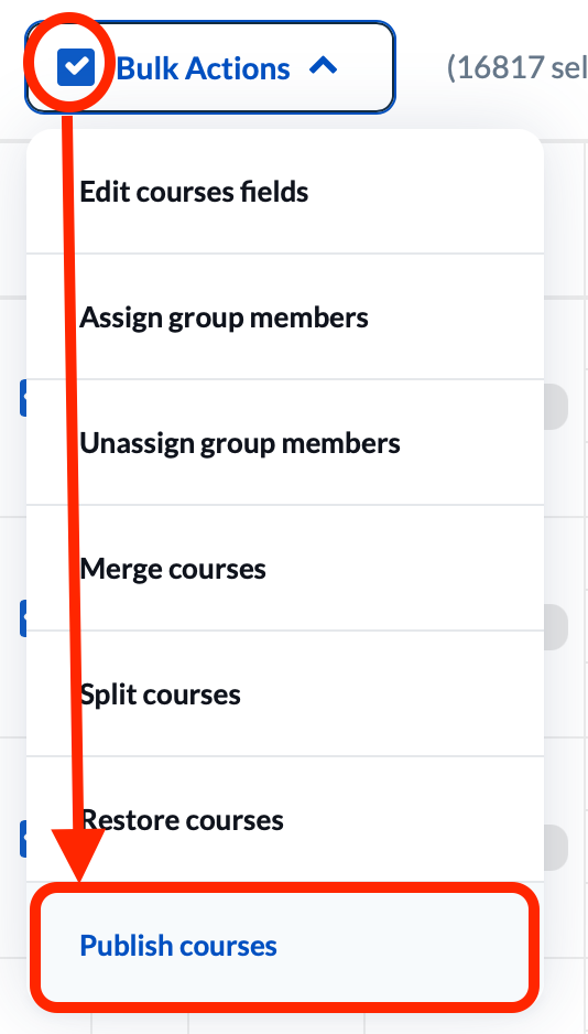 Location of the check box and "bulk actions" button, and the dropdown menu showing "Publish courses"
