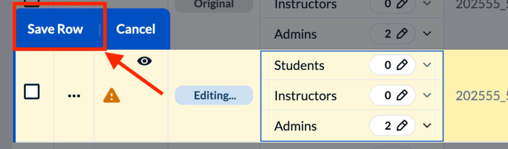 Illustration showing the "save row" button on the lefthand side of the edited row.