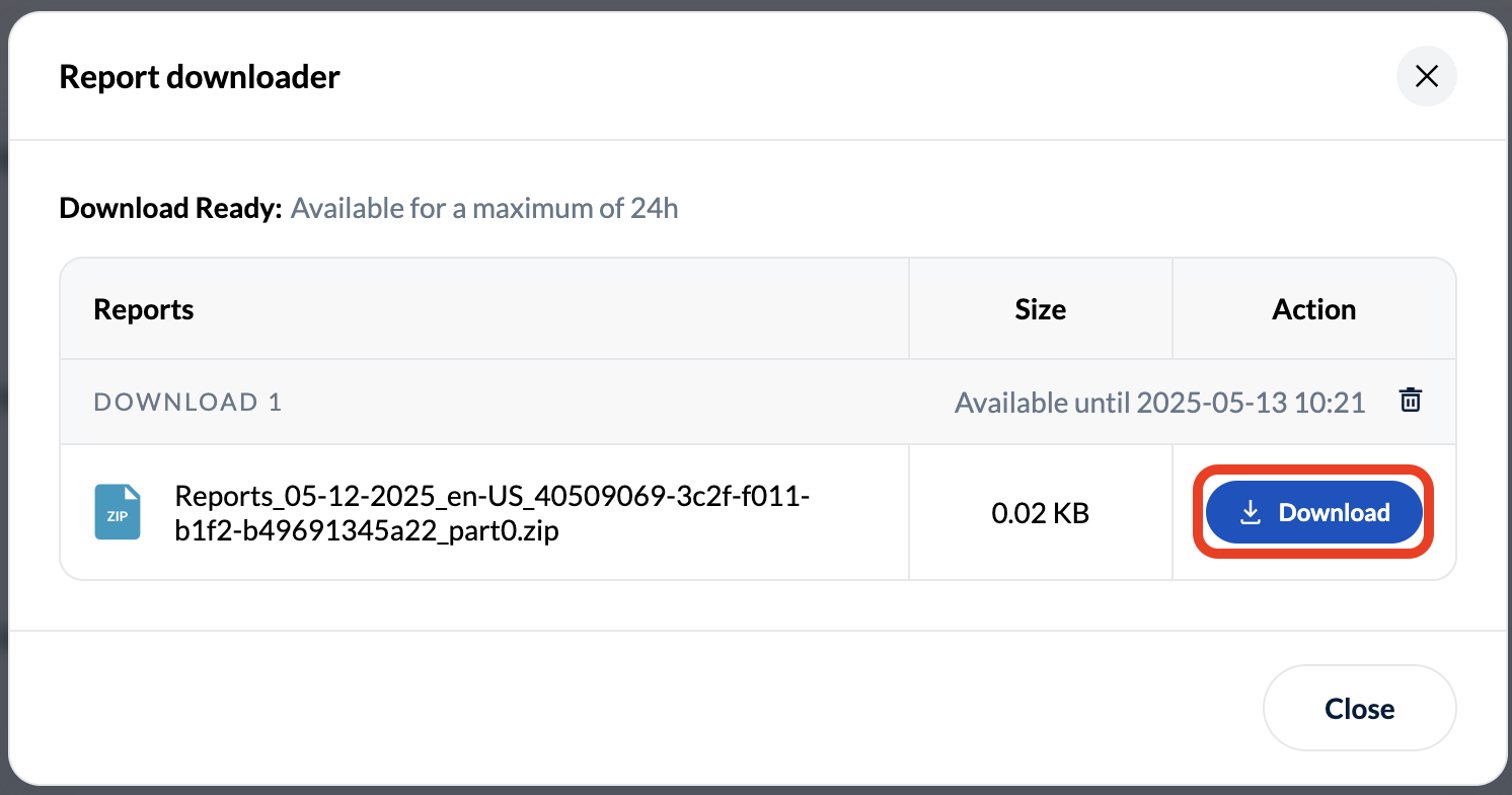 Report downloader screen with blue download button circled in red
