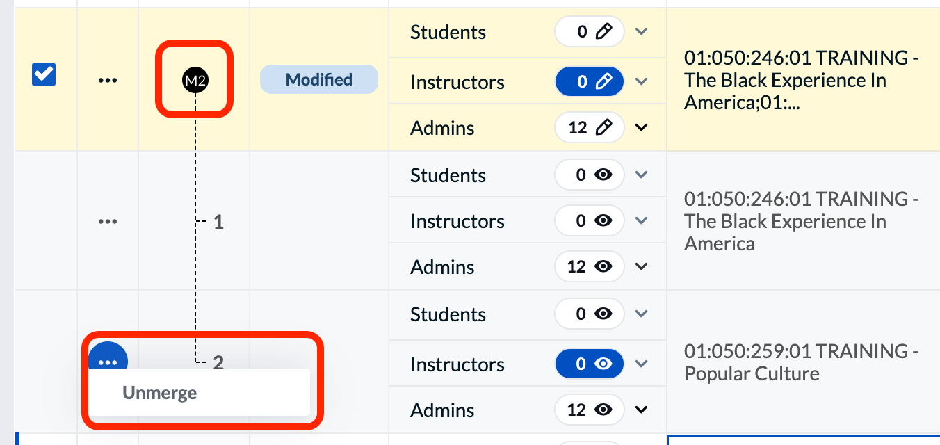 Click the black "M" to show the merged rows, then use the ellipsis menu to unmerge surveys.