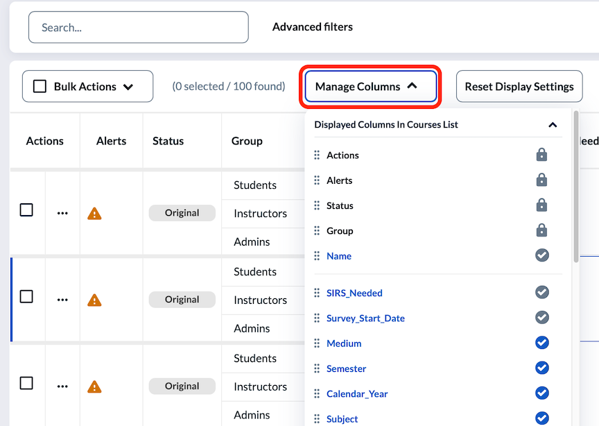 The "Manage Columns" button is located above the course list, below the search box and to the right of the "bulk actions" button.