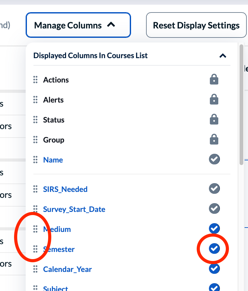 The dotted-line icon is to the left of the name of each column, and the blue checkmark is to the right.